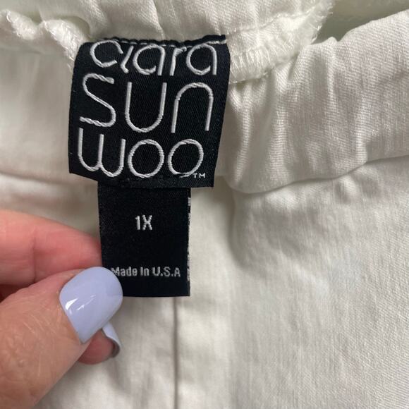Clara Sun Woo Pants Womens 1X Straight Leg Pull On White Stretch USA Crop Resort - Picture 2 of 3